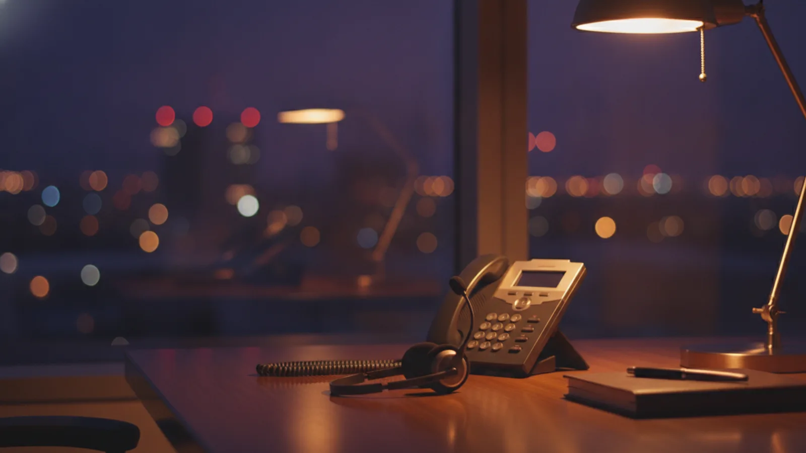 A desk phone and headset under a warm desk lamp at night, city lights blurred in the window - an answering service at work at 3 a.m.