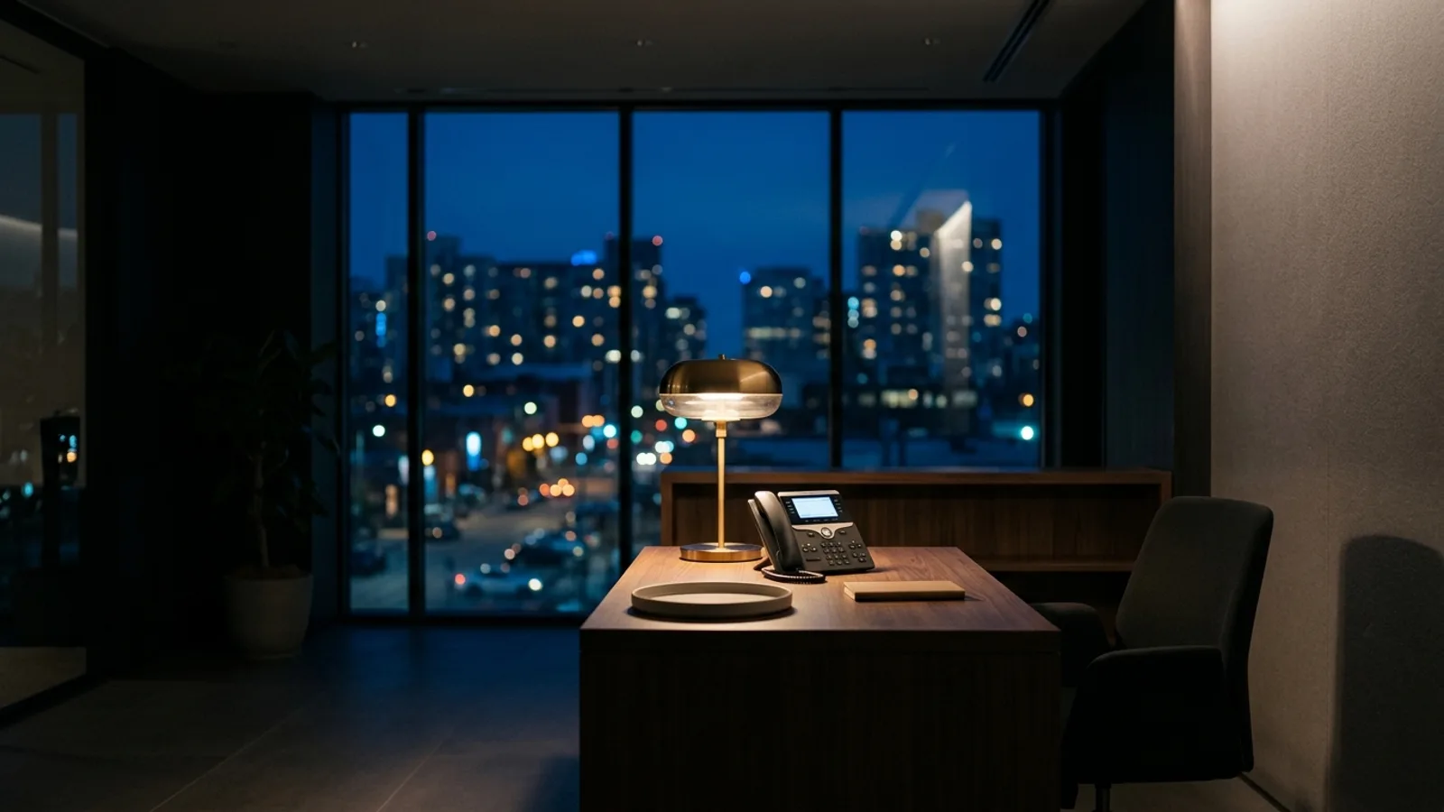 A small-business reception desk at night, a phone glowing under a warm lamp with a blue-hour city skyline in the window behind it