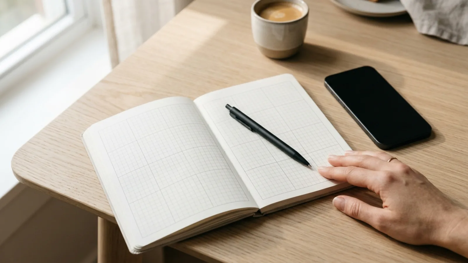 An open blank grid planner with a pen and a smartphone on a light-wood desk in soft morning light, a hand resting as if confirming a date - booking an appointment over the phone