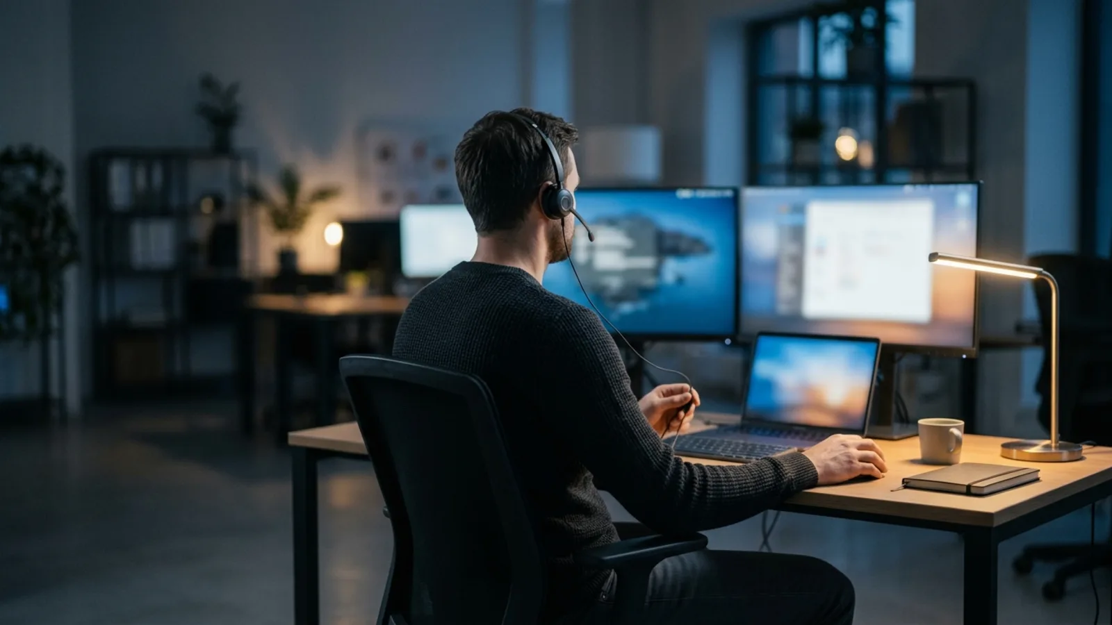 A calm IT support technician wearing a headset at a tidy desk with softly out-of-focus monitors in blue-hour light, focused mid-call - AI receptionist call triage for IT companies and MSPs
