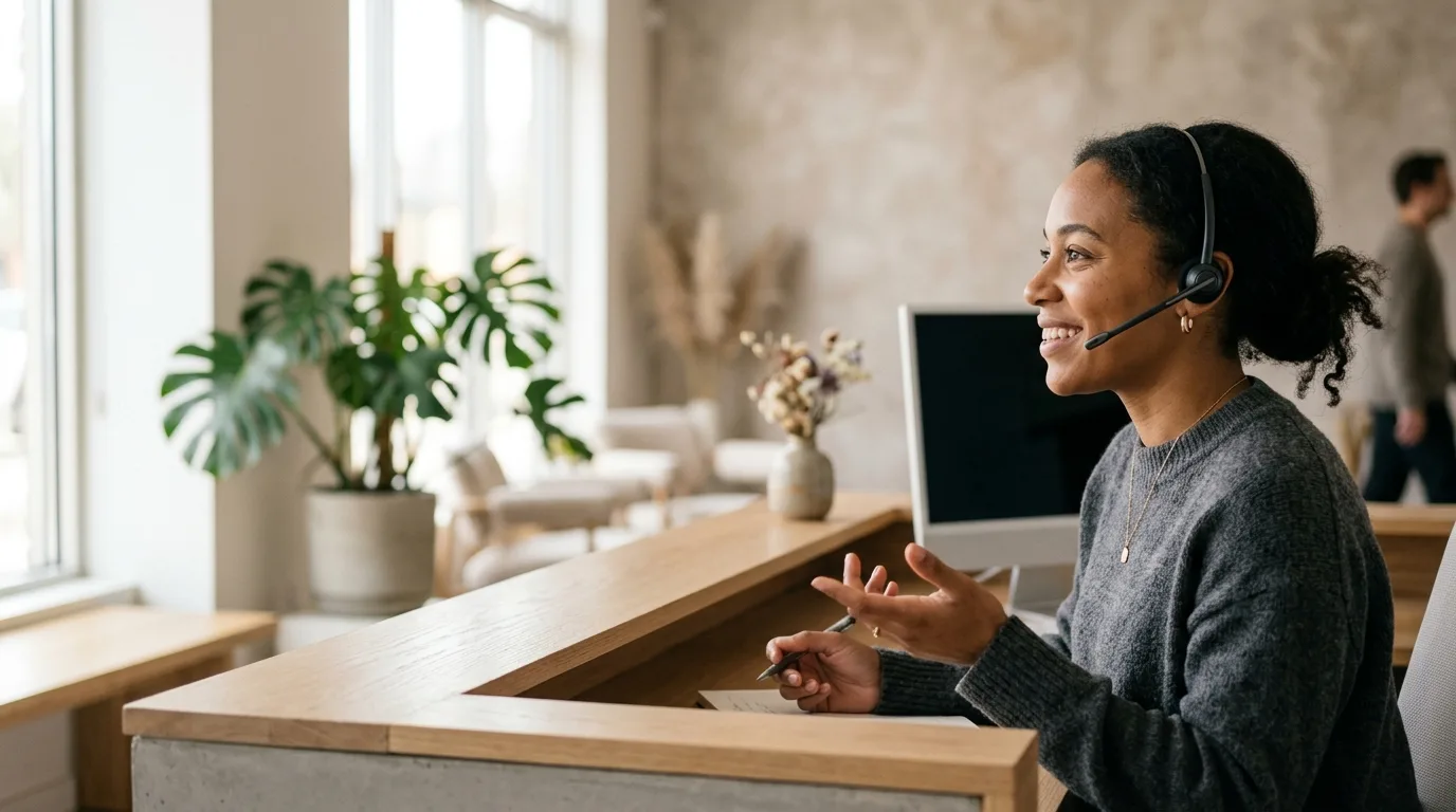 A friendly receptionist wearing a headset, mid-conversation at a bright modern front desk