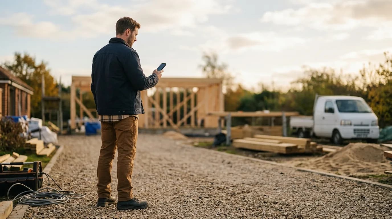 A tradesperson on a job site glancing at an incoming call in warm afternoon light