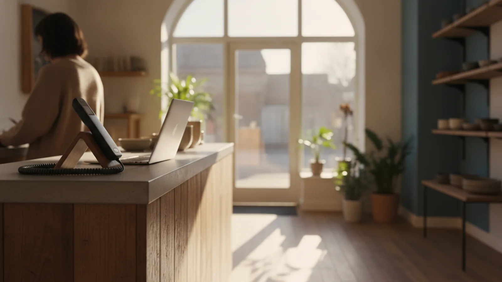 A small business front counter in warm morning light, with a desk phone and an open laptop waiting for the day's calls