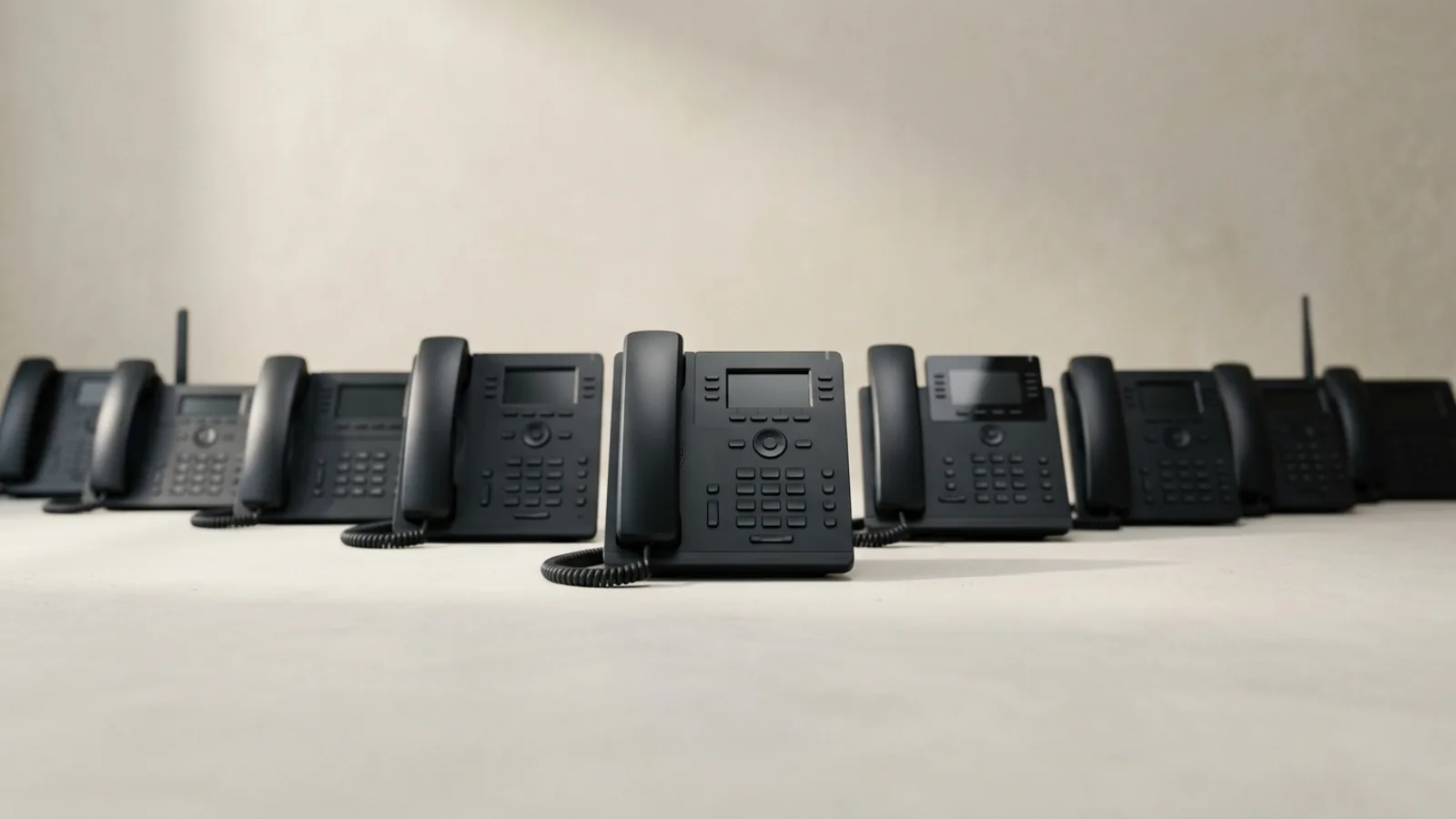 A row of matte-black desk phones lined up on a pale studio surface, one gently spotlit and set forward as if chosen from the lineup - comparing AI receptionist and phone answering options