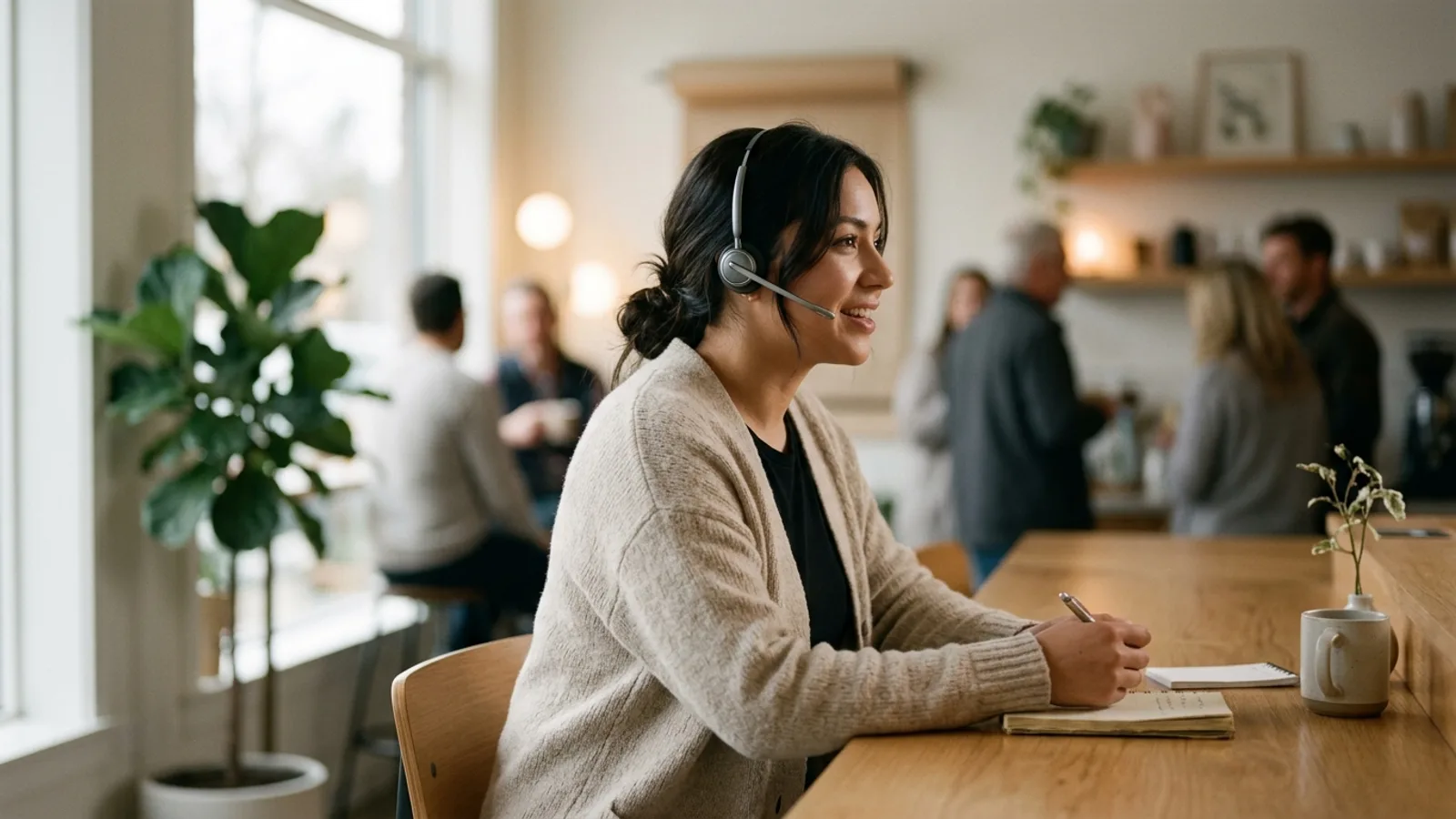 A friendly receptionist wearing a headset, smiling mid-conversation at a bright, welcoming neighborhood business counter
