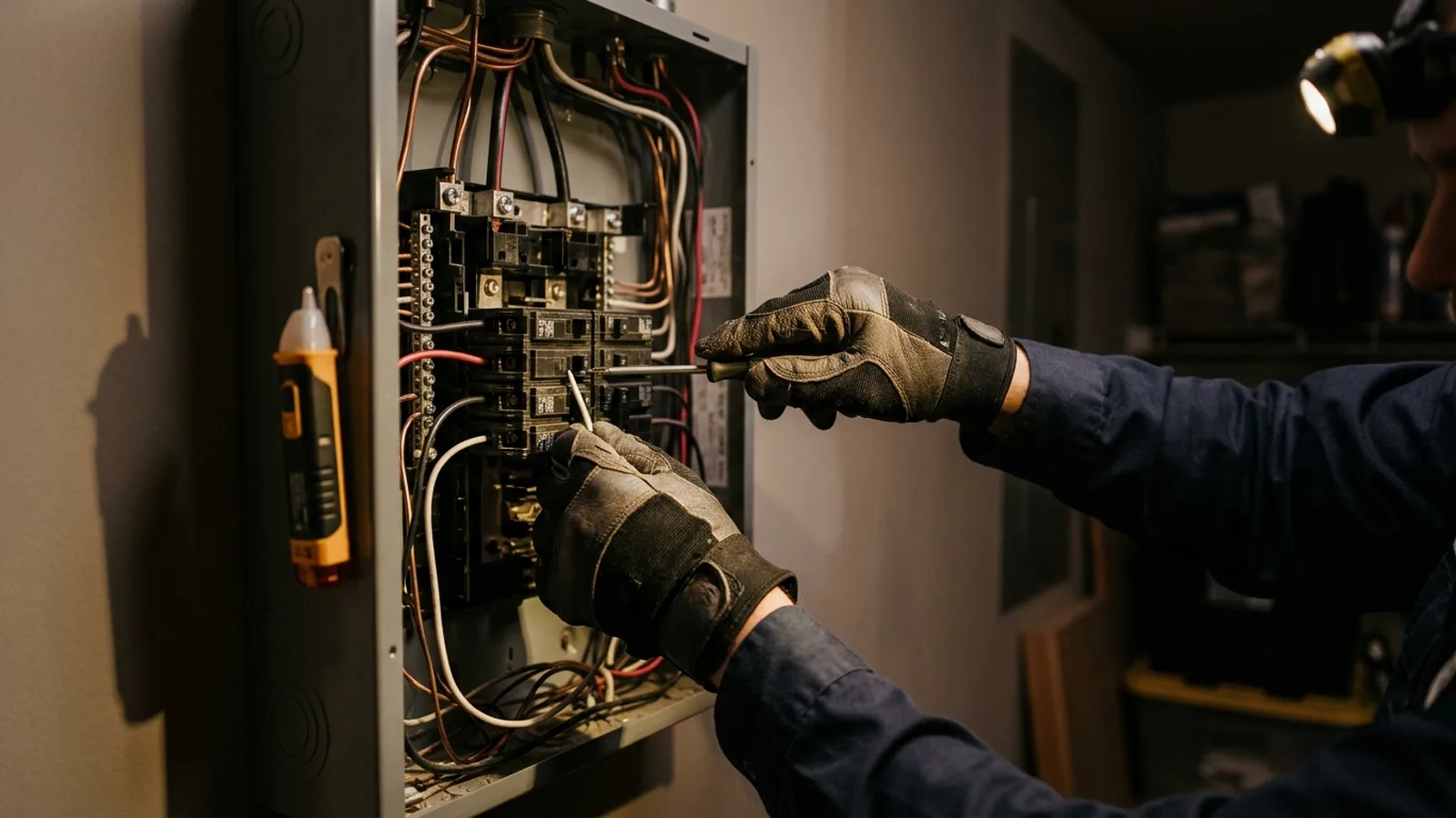 An electrician's gloved hands working in an open residential breaker panel, a voltage tester hanging beside the panel