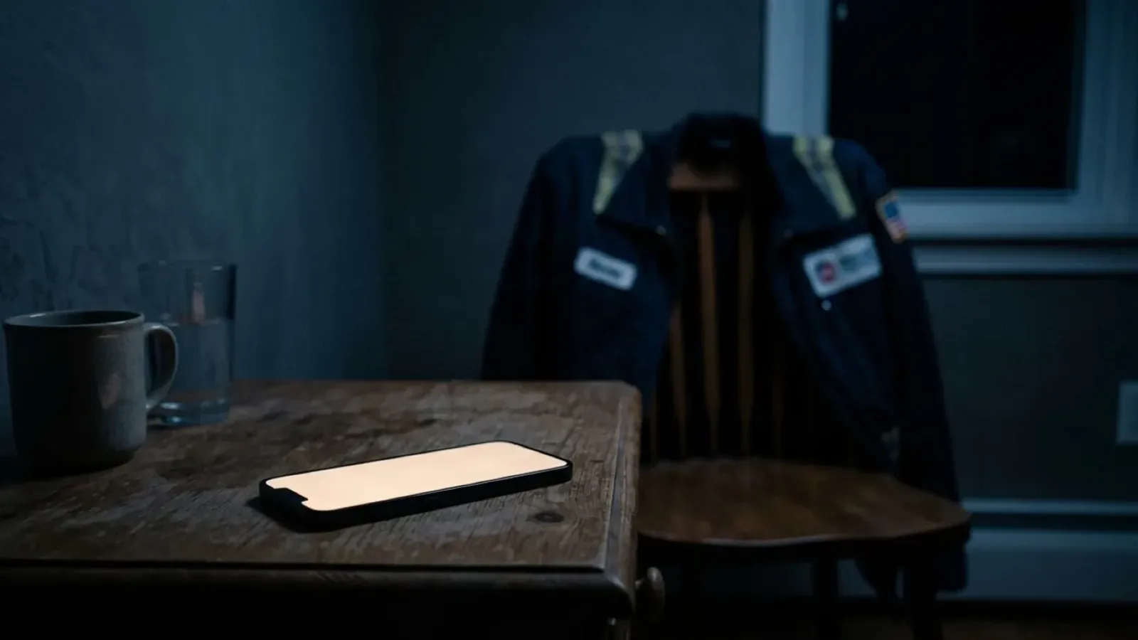 A phone glowing on a bedside table in a dark room at night with a service company work jacket on a chair behind it