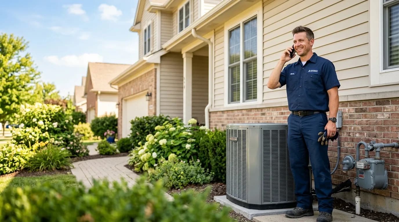 A friendly HVAC technician taking a service call on his phone while standing next to a residential air-conditioning condenser unit outside a suburban home on a bright summer day