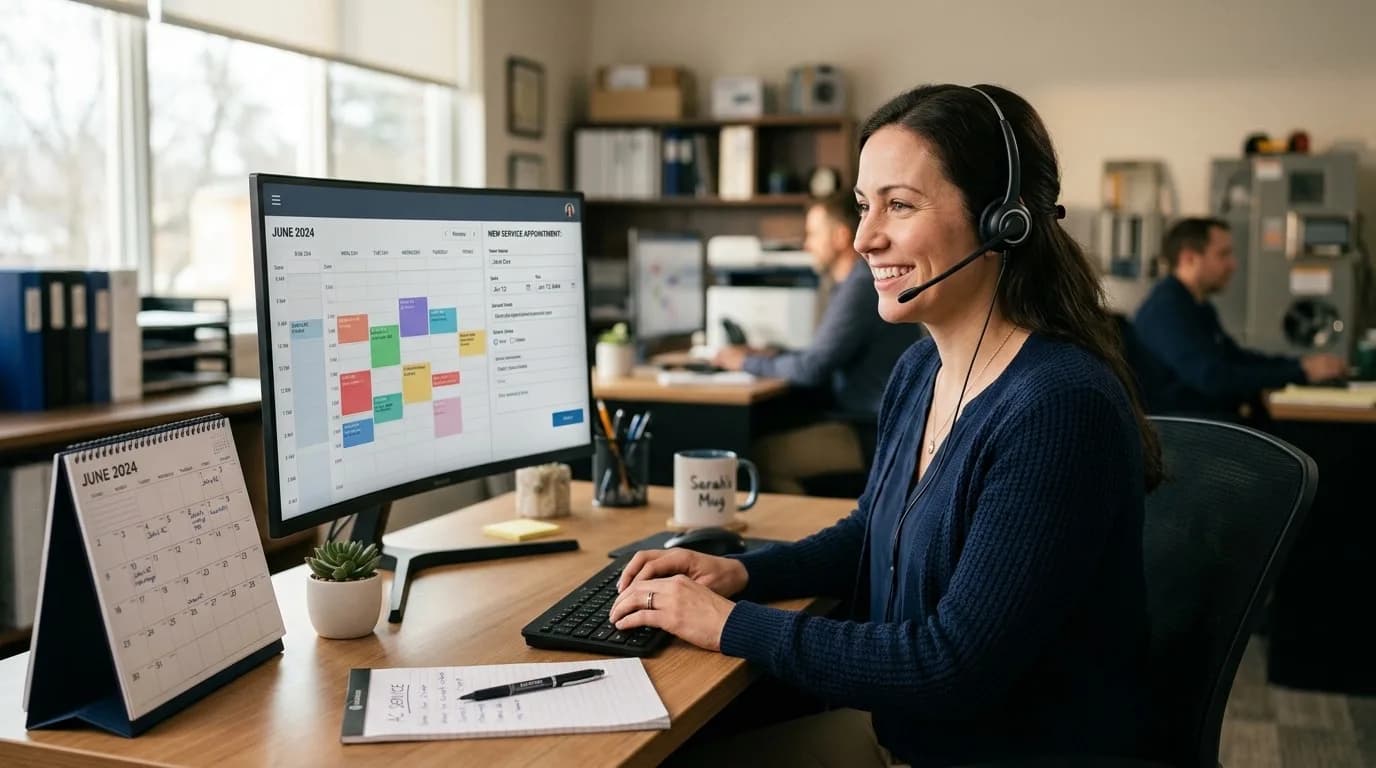 A dispatcher wearing a headset smiling while booking a service appointment on scheduling software at a small HVAC company office desk
