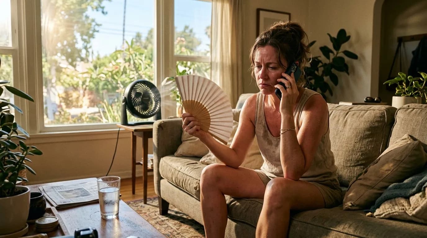 A homeowner sitting on a couch in a hot living room during a heat wave, fanning herself while holding a phone to her ear as the call goes unanswered