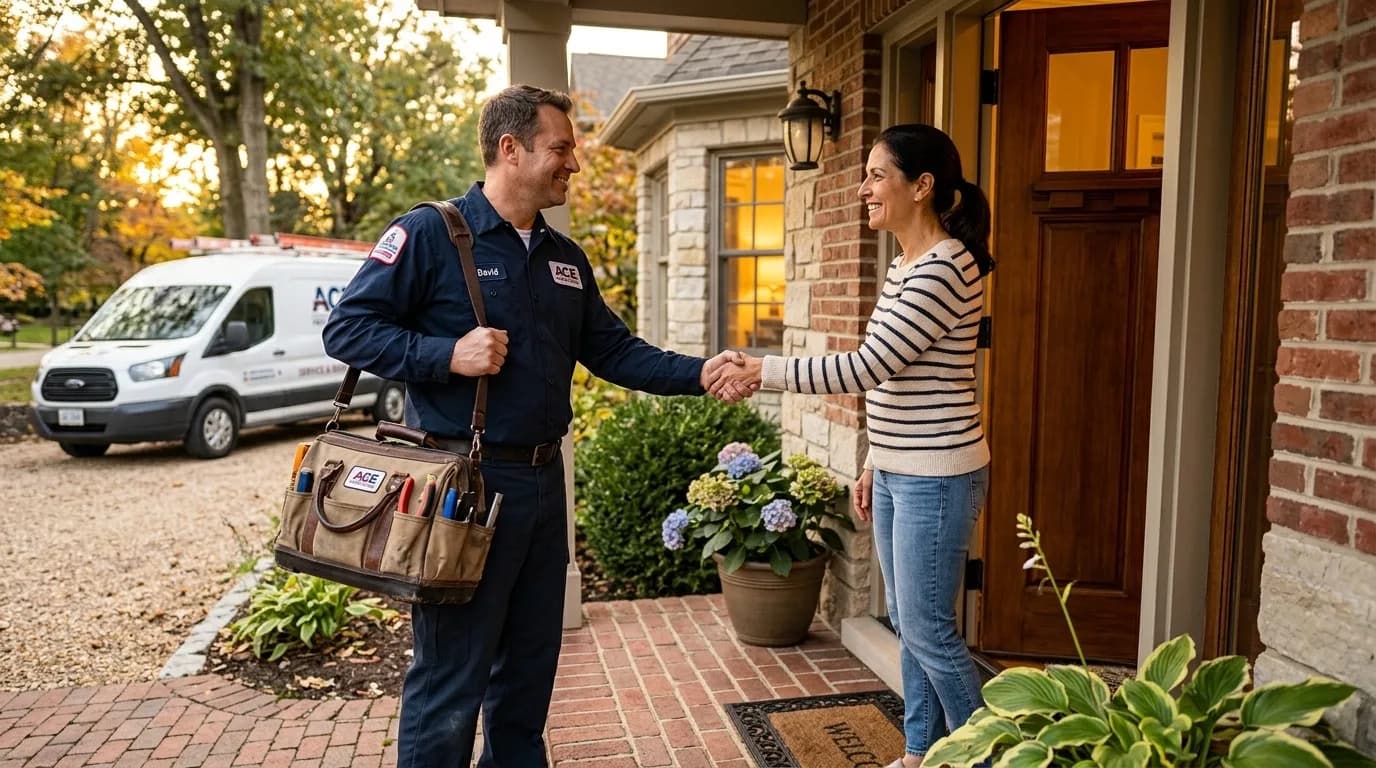 An HVAC technician with a tool bag arriving at a home and shaking hands with a relieved homeowner, service van in the driveway