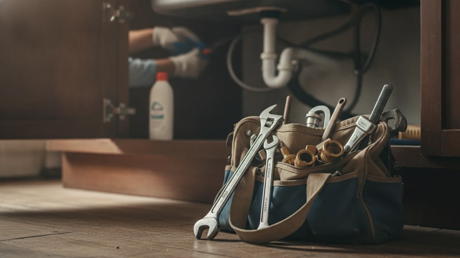 A plumber's tool bag with wrenches and brass fittings beside a kitchen sink cabinet while a technician works in the background