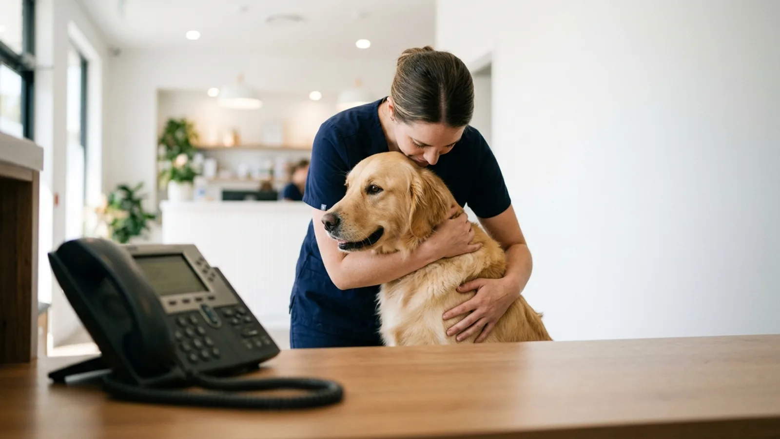 A veterinary technician gently holding a golden retriever at a clinic reception desk while the phone rings in the foreground